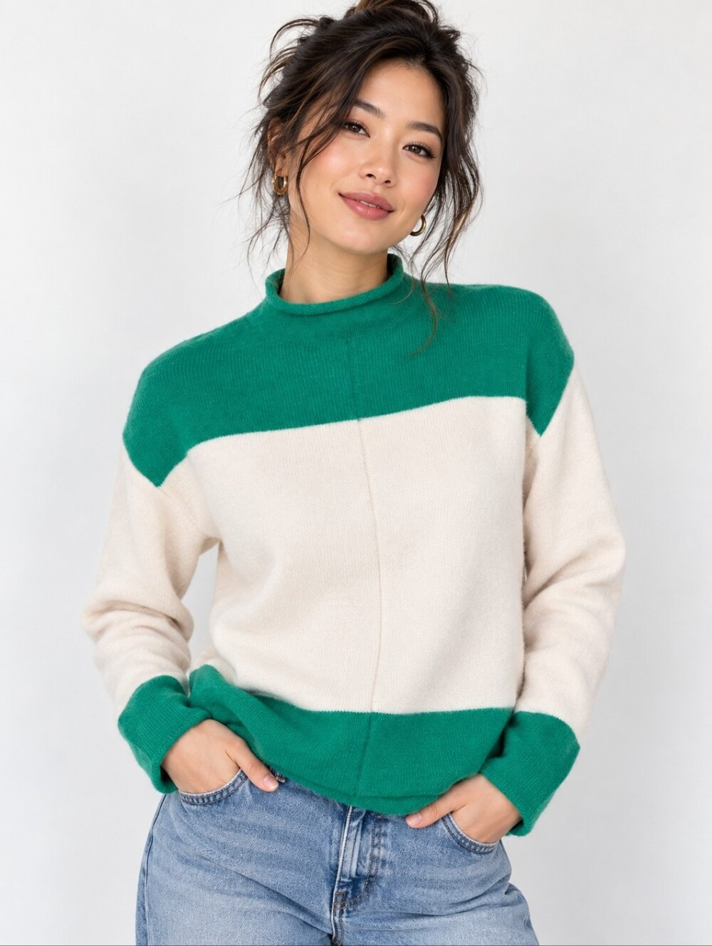 Soft Cashmere Blend Women's Sweater Colorblock Mock Neck Green Cream Knit Size S